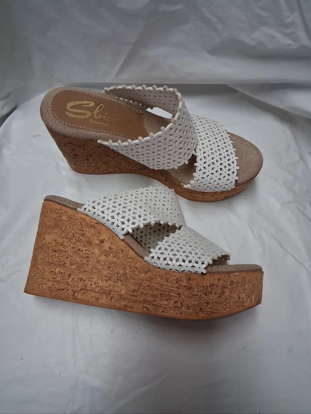 Sbicca White Woven Cork Wedge Slide Sandals Women's Size 6M Preowned